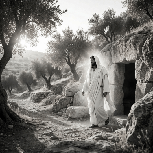Jesus Christ emerges from a rock-cut tomb into bright sunlight near his disciples.
