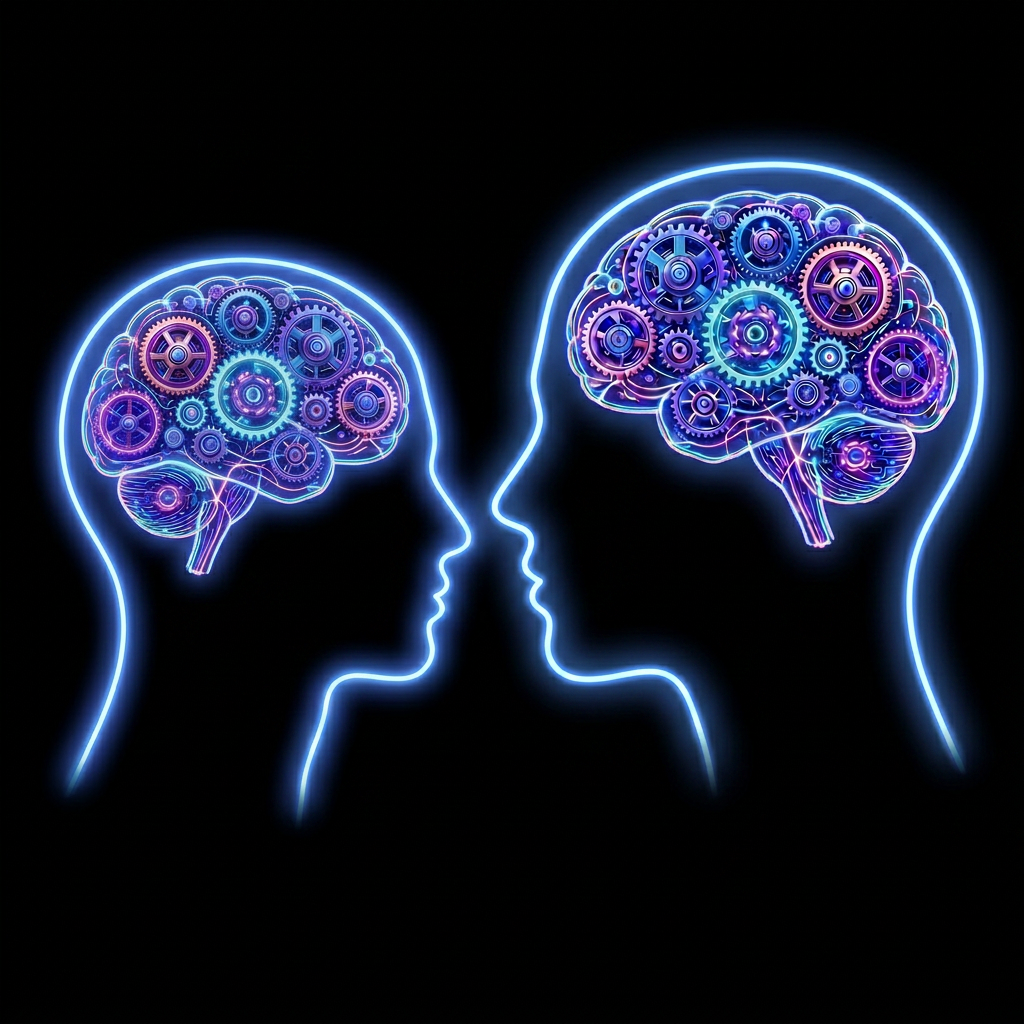 Man holding device connected to neon brain interface with gears in futuristic city