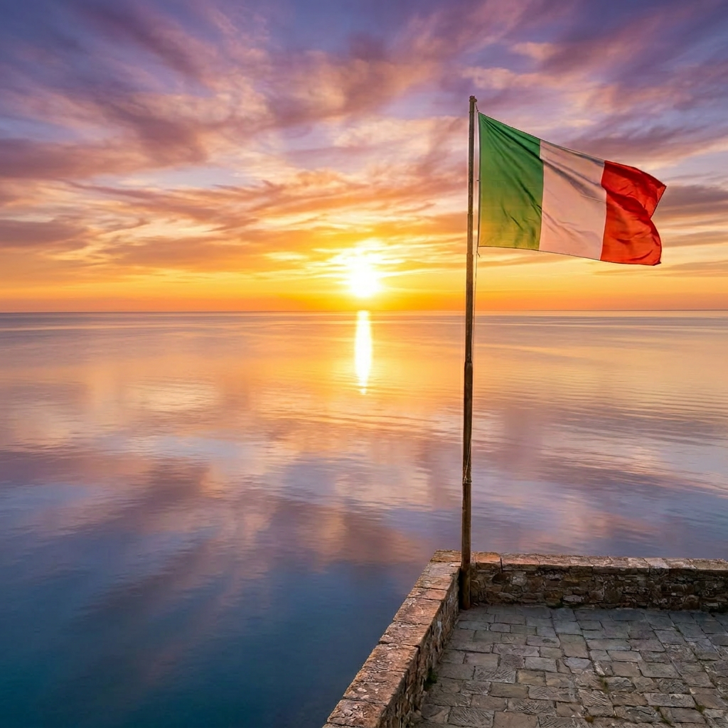 Italian flag on pole overlooking rolling hills and a sunset