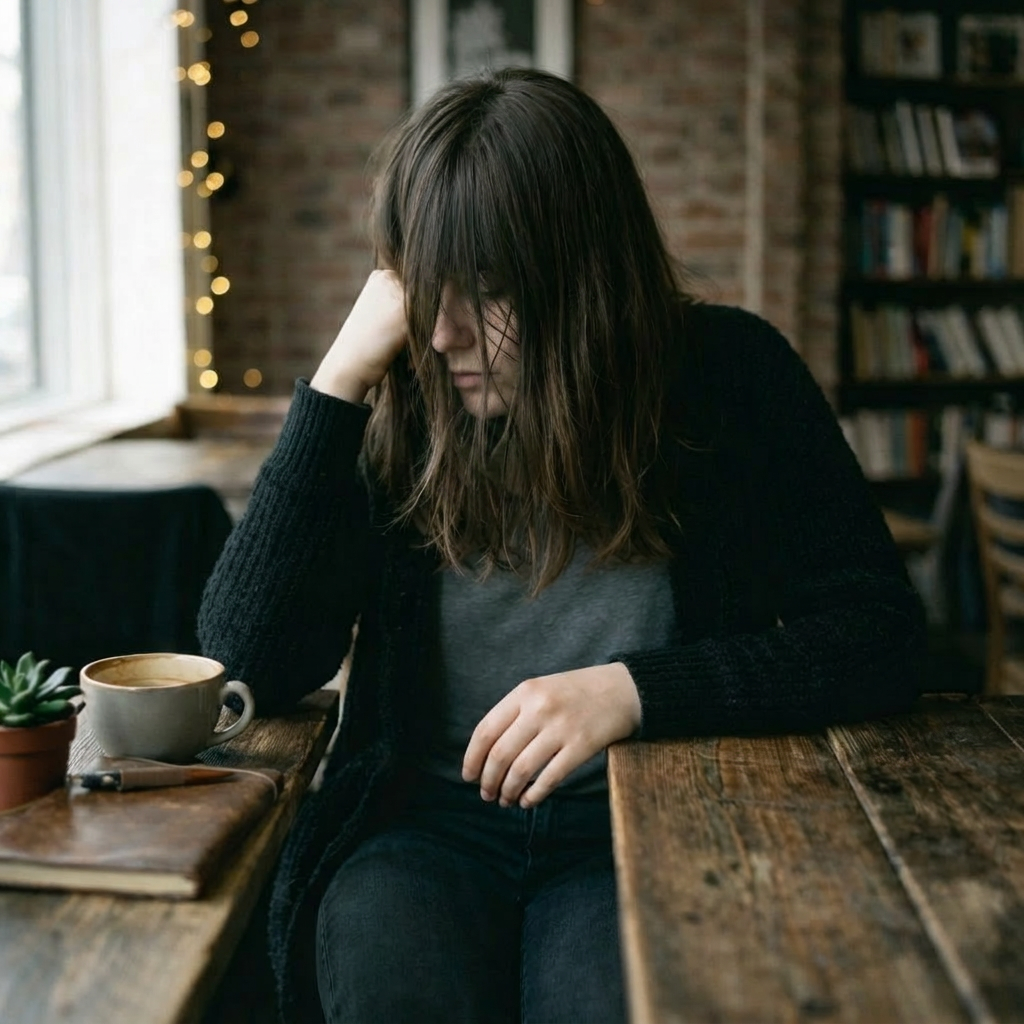 Person at café table tangled in a clear beaded necklace