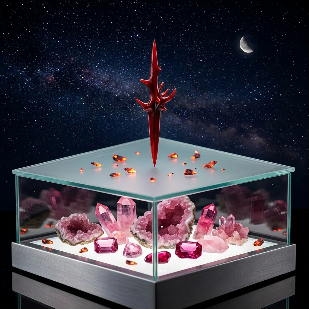 Frosted glass with a dark twig embedded and various colored translucent gems underneath