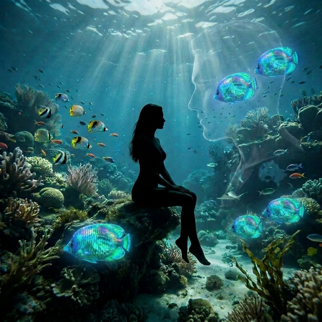 Serene underwater coral reef contemplation Silhouette of a person sitting underwater on coral surrounded by colorful fish and rays of sunlight